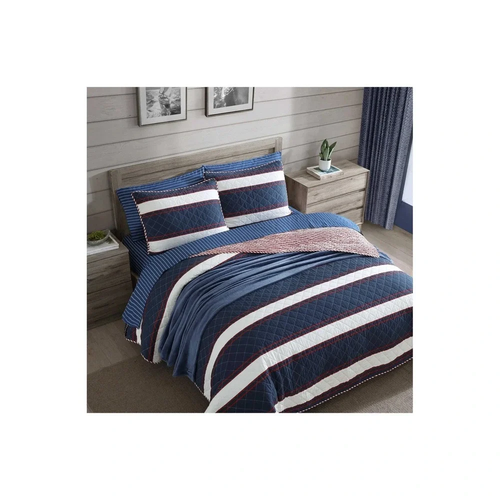 Nautica Twin Quilt Set Marina Stripe Navy Blue White Red Reversible Cotton 2 Pc